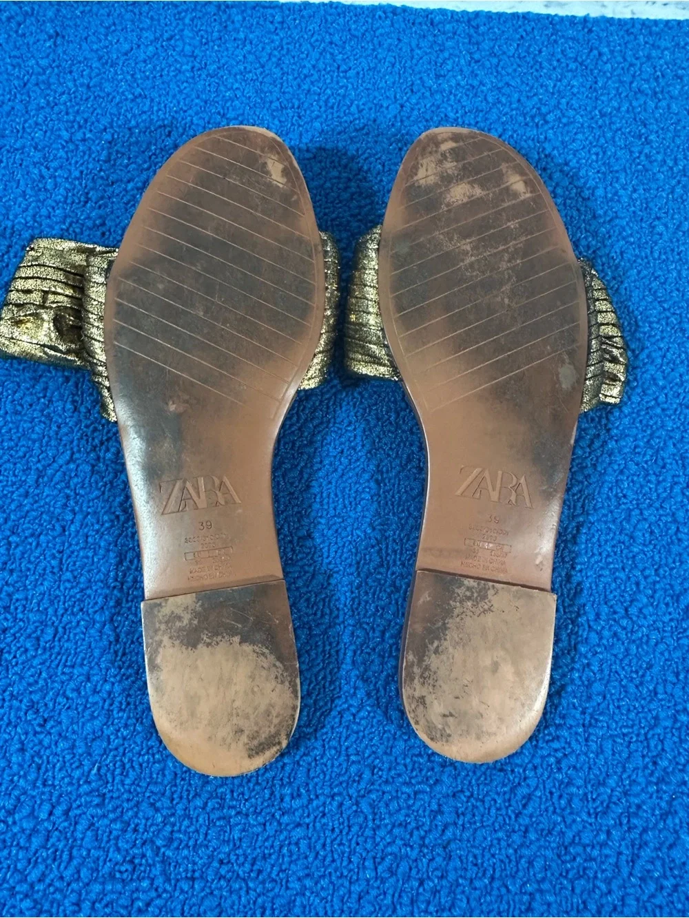 Zara Women’s Metallic Gold Bow Flat Slip On Sandals Sz 39